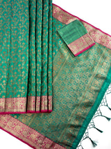 Peacock Green Semi-Tussar Silk Saree With Antique Zari Jaal Weave | Tussar Silk Sarees | Ships from California