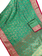 Peacock Green Semi-Tussar Silk Saree With Antique Zari Jaal Weave | Tussar Silk Sarees | Ships from California