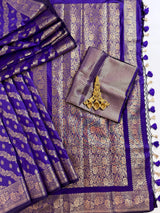 Blue Color Semi Banarasi Silk Saree with Muted Gold Zari Weave | Banarasi Silk Sarees