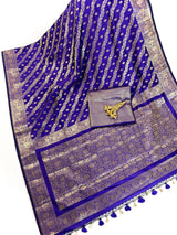 Blue Color Semi Banarasi Silk Saree with Muted Gold Zari Weave | Banarasi Silk Sarees