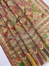 Light Beige Color Pure Pashmina Kani Weave Kashmiri Shawl with Modal Zari and Kalamkari | Cashmere Stole | Mugul Era Depiction