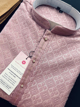 Dusty Pink Men Kurta Pajama with Embossed Embroidery and Zari | Sherwani Style Kurta | Wedding Kurtas | Kurta Store USA