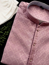 Dusty Pink Men Kurta Pajama with Embossed Embroidery and Zari | Sherwani Style Kurta | Wedding Kurtas | Kurta Store USA