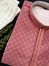 Coral Peach Color with undertone of Purple Kurta with Self Embroidery and Tiny Zari Buttis | Designer Kurta Pajama Set for Men