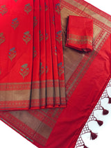 Tomato Red Saree with Antique Zari Weaving and Meenakari Work Floral bunches with Temple Borders | Handloom Sarees | Banarasi Silk Sarees