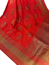 Tomato Red Saree with Antique Zari Weaving and Meenakari Work Floral bunches with Temple Borders | Handloom Sarees | Banarasi Silk Sarees