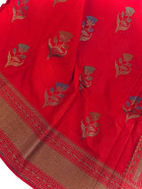 Tomato Red Saree with Antique Zari Weaving and Meenakari Work Floral bunches with Temple Borders | Handloom Sarees | Banarasi Silk Sarees
