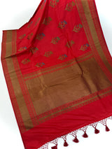 Tomato Red Saree with Antique Zari Weaving and Meenakari Work Floral bunches with Temple Borders | Handloom Sarees | Banarasi Silk Sarees