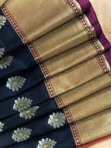 Statement Handmade Blue Color Banarasi Soft Silk Handloom Saree with Green and Pink Border and Pallu | Ships from California