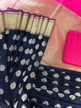 Statement Handmade Blue Color Banarasi Soft Silk Handloom Saree with Green and Pink Border and Pallu | Ships from California