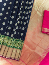 Statement Handmade Blue Color Banarasi Soft Silk Handloom Saree with Green and Pink Border and Pallu | Ships from California