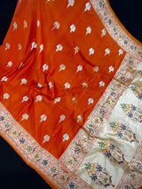 Orange Color Paithani Mashru Silk Saree with Meenakari Work with Sliver and Gold Zari Weave | Mashru Silk Sarees | Paithani Sarees
