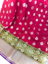 Statement Handmade Deep Magenta Pink Color Banarasi Soft Silk Handloom Saree with Green, Purple and Blue Border and Pallu