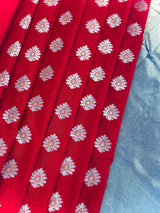 Statement Handmade Red Color Banarasi Soft Silk Handloom Saree with Green, Purple and Blue Border and Pallu