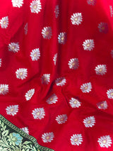 Statement Handmade Red Color Banarasi Soft Silk Handloom Saree with Green, Purple and Blue Border and Pallu