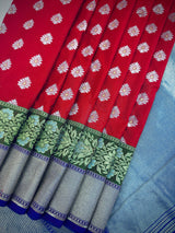 Statement Handmade Red Color Banarasi Soft Silk Handloom Saree with Green, Purple and Blue Border and Pallu