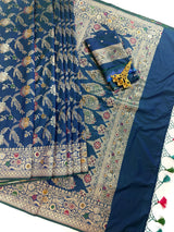 Dual tone Dull Peacock Blue Saree with Meenakari Floral Jaal Pattern with Muted Gold Zari | Banarasi Jaal Saree in dual tone