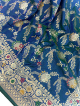 Dual tone Dull Peacock Blue Saree with Meenakari Floral Jaal Pattern with Muted Gold Zari | Banarasi Jaal Saree in dual tone