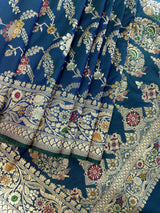 Dual tone Dull Peacock Blue Saree with Meenakari Floral Jaal Pattern with Muted Gold Zari | Banarasi Jaal Saree in dual tone