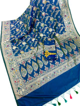 Dual tone Dull Peacock Blue Saree with Meenakari Floral Jaal Pattern with Muted Gold Zari | Banarasi Jaal Saree in dual tone