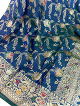Dual tone Dull Peacock Blue Saree with Meenakari Floral Jaal Pattern with Muted Gold Zari | Banarasi Jaal Saree in dual tone