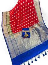 Statement Handmade Red Color Banarasi Soft Silk Handloom Saree with Green, Purple and Blue Border and Pallu