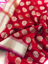 Red Banarasi Silk Saree with Floral buttas and Pink border and Pallu | Gold Zari Weave work | Ships from California