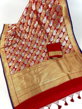 Grand Red Banarasi Silk Traditional Saree with Gold and Sliver Zari Weave | Banarasi Silk Sarees