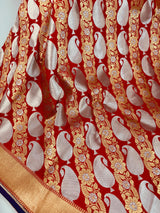 Grand Red Banarasi Silk Traditional Saree with Gold and Sliver Zari Weave | Banarasi Silk Sarees