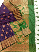Purple and Green Soft Katan Silk Saree | Gold and Copper Zari Weave | Banarasi Sarees | Purple Color Saree | Wedding Party Wear Sarees