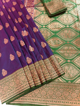 Purple and Green Soft Katan Silk Saree | Gold and Copper Zari Weave | Banarasi Sarees | Purple Color Saree | Wedding Party Wear Sarees