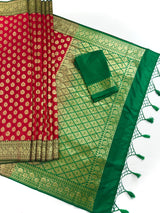 Red with Green combination Traditional Banarasi Handloom Saree in Banarasi Silk | Banarasi Silk Saree