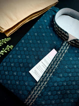 Dark Teal Color Party Wear Designer Men Kurta Set with tiny zari and Embossed Self Design in Soft Silk Material | Mens Wedding Ethnic Wear