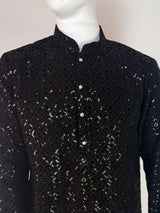 Black Velvet Wedding Party Wear Designer Men Kurta Set with tiny Sequin in black | Mens Wedding Ethnic Wear | Velvet Black Kurta for Men