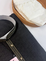 Black Color Raw Silk Men Kurta Pajama with Self Design material with Self Weave Pattern | Men Ethnic Wear | Wedding Wear Kurta