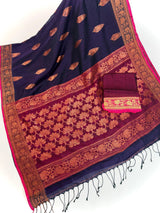 Handmade Eggplant Purple Color Saree in Linen Jamdani Saree with Copper Zari Weave