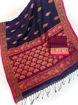 Handmade Eggplant Purple Color Saree in Linen Jamdani Saree with Copper Zari Weave – Close-up – Kaash Collection