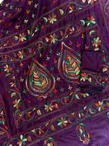 Burgundy Color Kantha Stitch Saree | Bangalori Silk Saree | Handwoven Kantha Stitch Saree | Multi Color Kantha Stitch Silk Saree