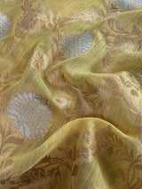 Pastel Yellow Linen Silk Saree with Banarasi Border and Pallu and Floral Jaal Weave | Pastel Blue Linen Silk Saree | Ships from California