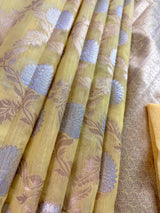 Pastel Yellow Linen Silk Saree with Banarasi Border and Pallu and Floral Jaal Weave | Pastel Blue Linen Silk Saree | Ships from California