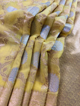 Pastel Yellow Linen Silk Saree with Banarasi Border and Pallu and Floral Jaal Weave | Pastel Blue Linen Silk Saree | Ships from California