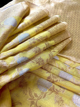 Pastel Yellow Linen Silk Saree with Banarasi Border and Pallu and Floral Jaal Weave | Pastel Blue Linen Silk Saree | Ships from California