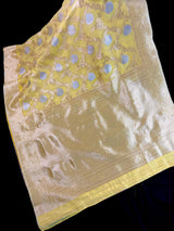 Pastel Yellow Linen Silk Saree with Banarasi Border and Pallu and Floral Jaal Weave | Pastel Blue Linen Silk Saree | Ships from California