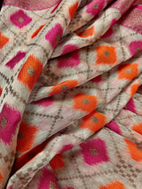 Handwoven Maheshwari Cotton Silk Saree in Ivory Color with Antique Gold Zari Weave with Banarasi Borders and Meenakari