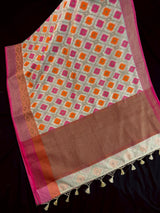 Handwoven Maheshwari Cotton Silk Saree in Ivory Color with Antique Gold Zari Weave with Banarasi Borders and Meenakari