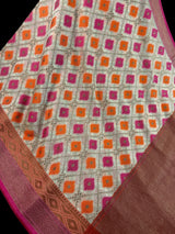 Handwoven Maheshwari Cotton Silk Saree in Ivory Color with Antique Gold Zari Weave with Banarasi Borders and Meenakari