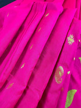Handmade Rani Pink Bengal Silk Cotton Saree with Floral Pallu | Cotton Silk Sarees | Soft Cotton Silk Saree with Meenakari and Zari Weave