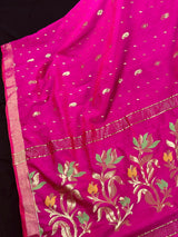 Handmade Rani Pink Bengal Silk Cotton Saree with Floral Pallu | Cotton Silk Sarees | Soft Cotton Silk Saree with Meenakari and Zari Weave