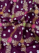 Handmade Purple Color Bandhej Saree in Dupion Silk with Meenakari Work and Muted Gold Zari | Handwoven Sarees | Bandhani Sarees