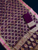 Handmade Purple Color Bandhej Saree in Dupion Silk with Meenakari Work and Muted Gold Zari | Handwoven Sarees | Bandhani Sarees